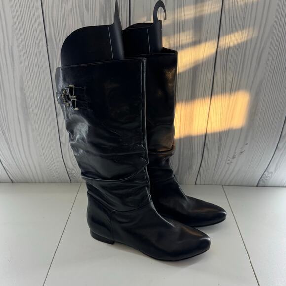 Vintage Y2K Guess Coryann Black Leather Slouch Boot Buckle Studded Size 8.5 - Picture 1 of 12